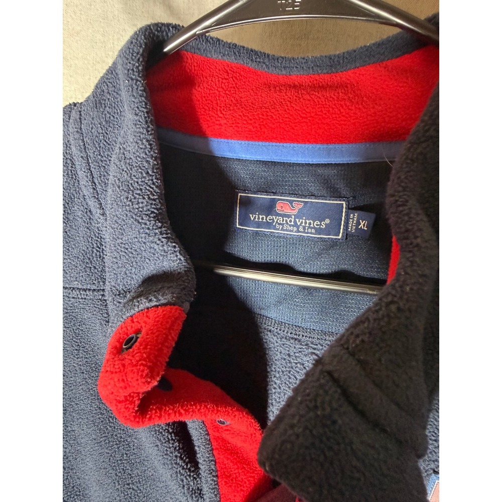 Vineyard Vines Mens XL Shep Fleece Quarter Snap Pullover Navy Blue Red Contrast